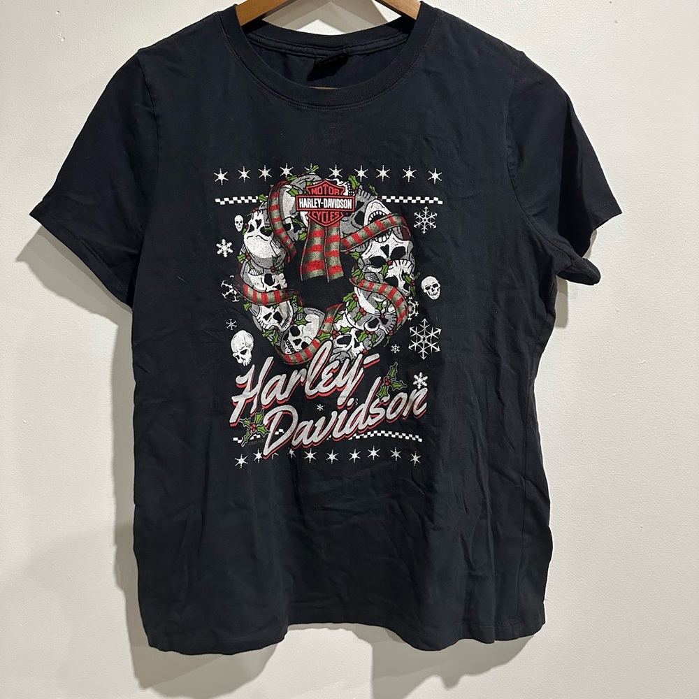 HARLEY DAVIDSON Y2K Skull Christmas Short Sleeve‎ Size S